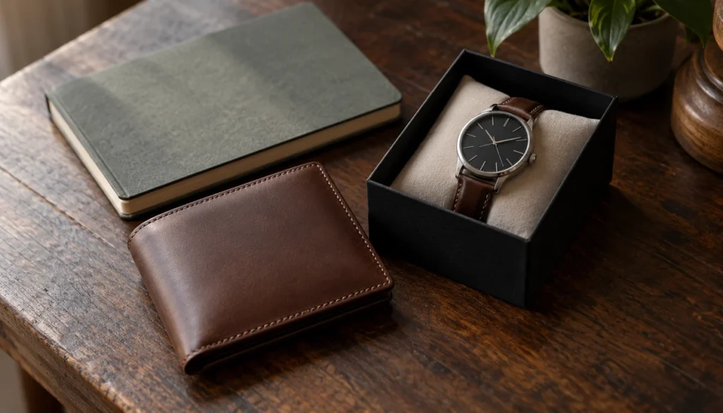 A simple leather wallet beside a plain watch box and an unmarked notebook