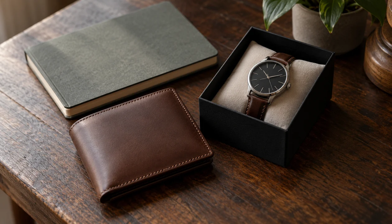 A simple leather wallet beside a plain watch box and an unmarked notebook