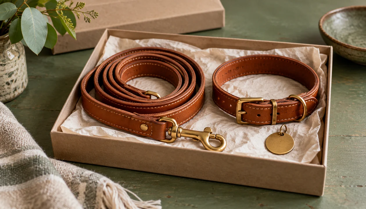 Leather dog lead and collar packed as a gift