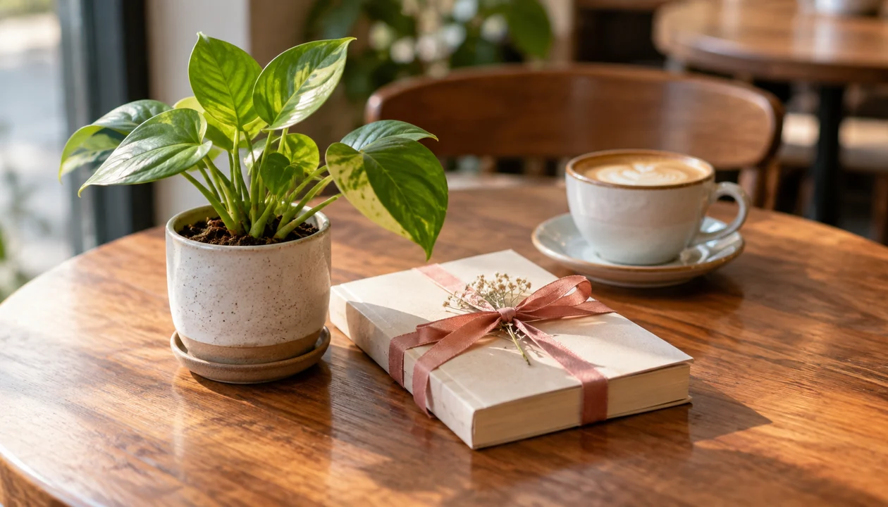 A small plant and a modest ribbon-tied paperback gift on a cafe table