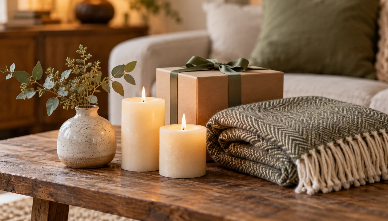 A small ceramic vase, two plain candles and a folded wool throw beside a gift box