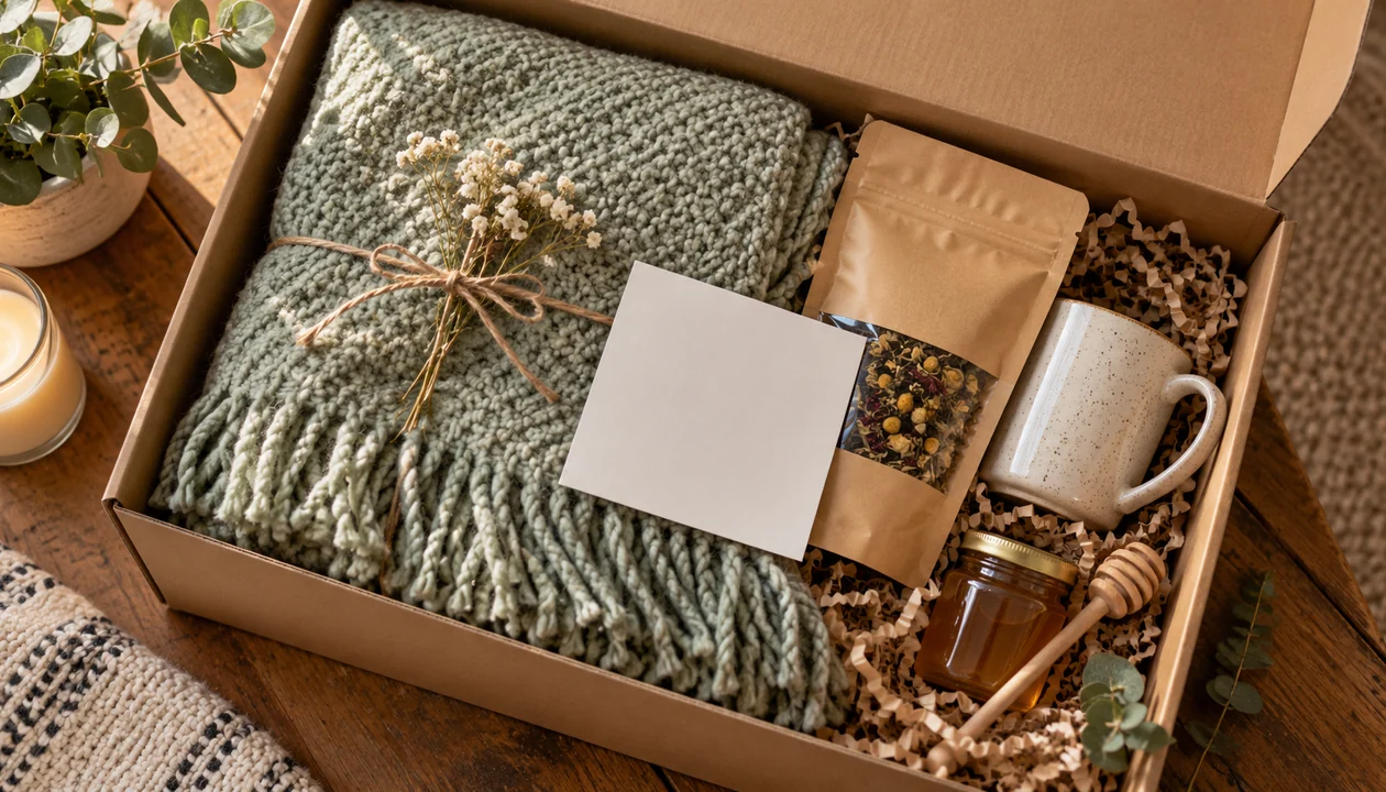 An open care package with a small blanket, tea and a blank note card