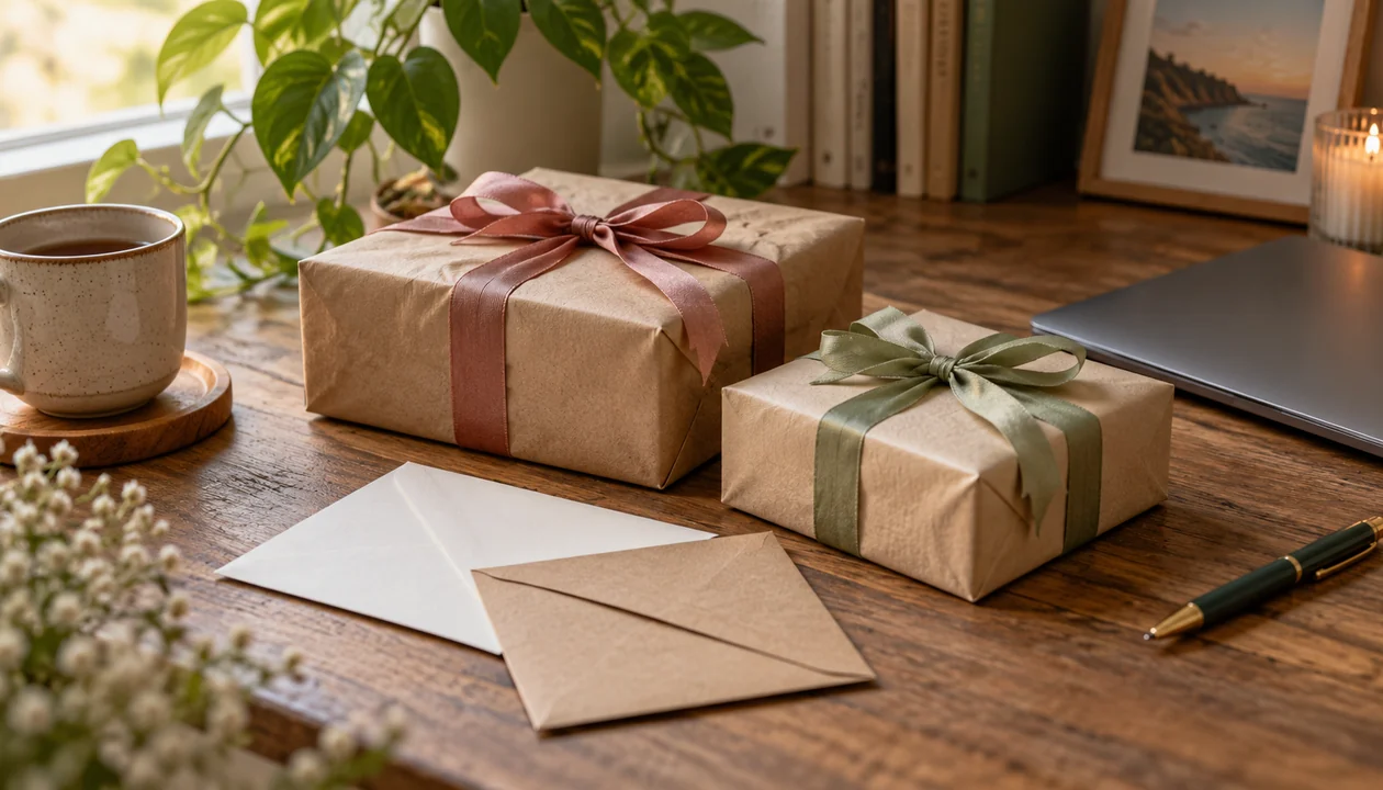 Two separate ribbon-tied parcels beside plain envelopes on a desk