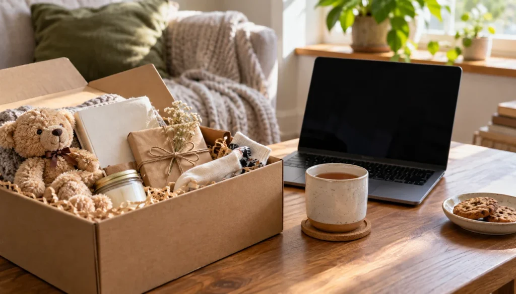 An unbranded laptop with a dark screen beside a care package and tea