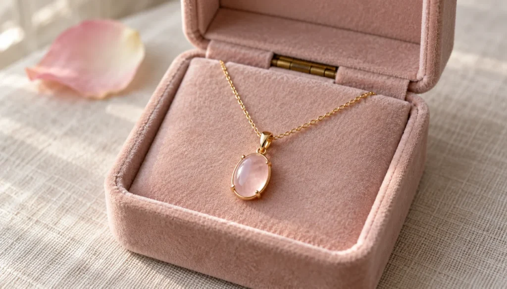 Gold necklace with a rose quartz pendant in an open blush velvet jewelry box
