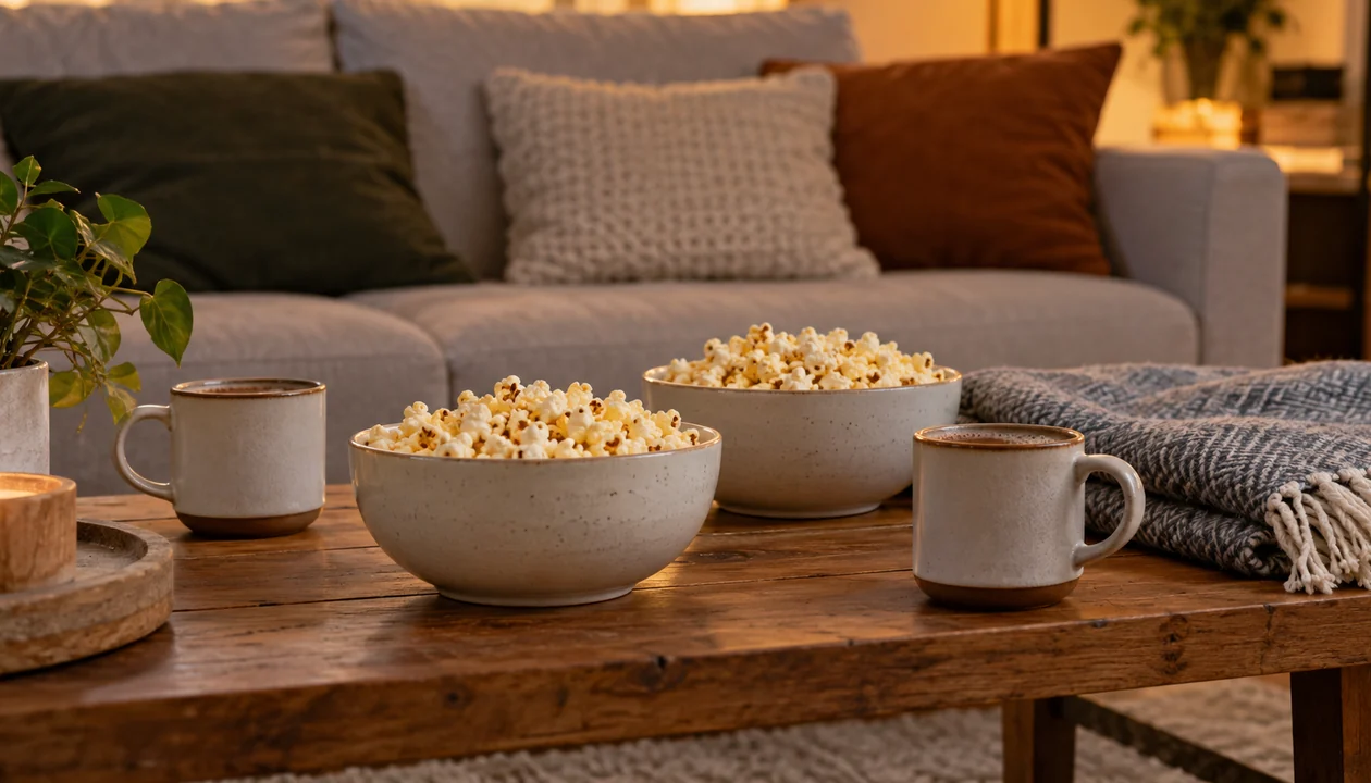 Two popcorn bowls and two mugs on a coffee table beside a folded blanket