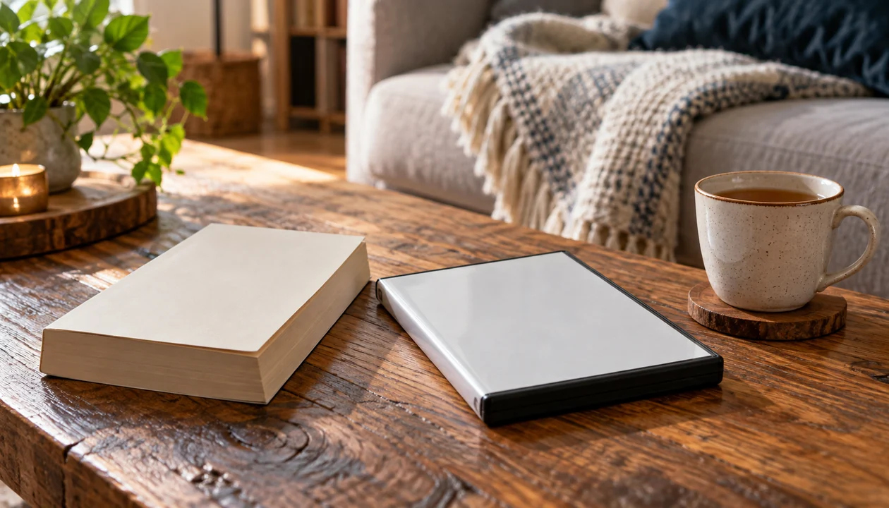 A simple closed paperback beside a plain DVD case and a cup of tea