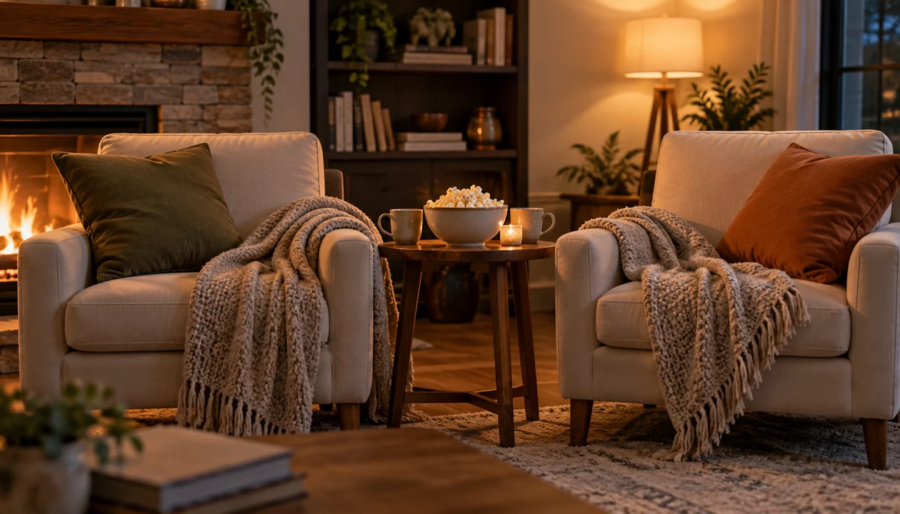 Two empty armchairs with a shared blanket beside a side table holding popcorn