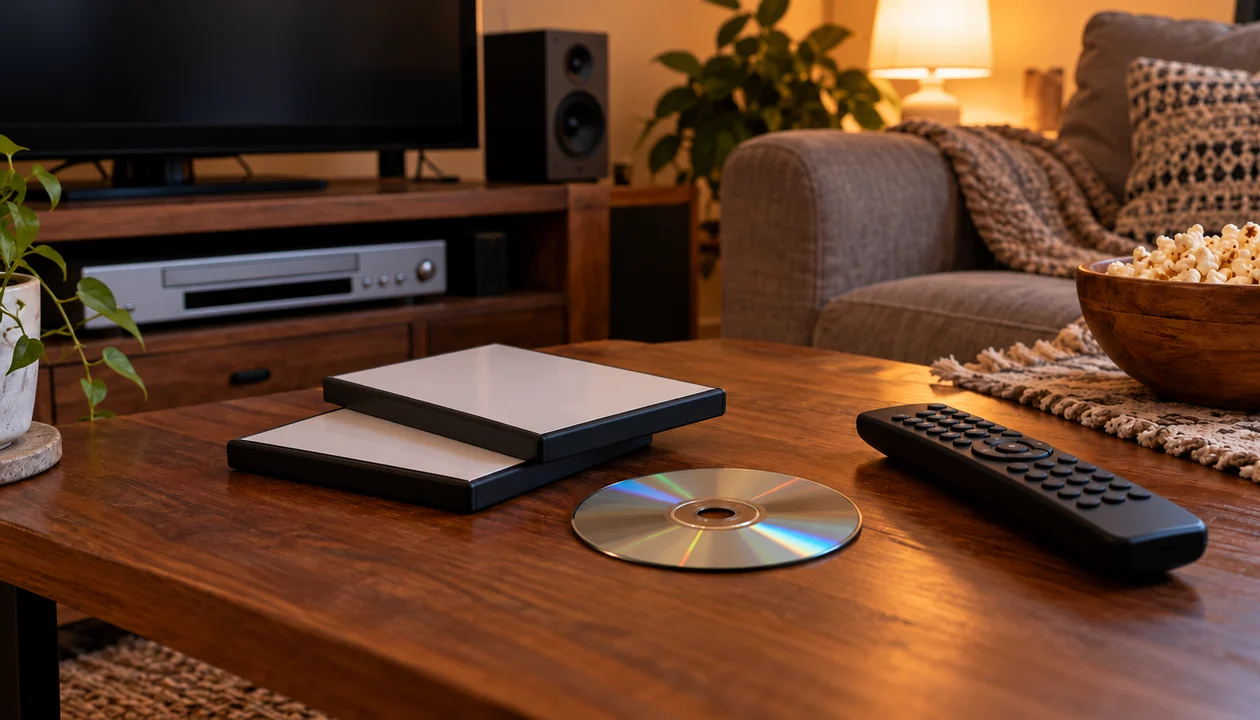 DVD cases, a remote and a bowl of popcorn on a coffee table in front of a TV