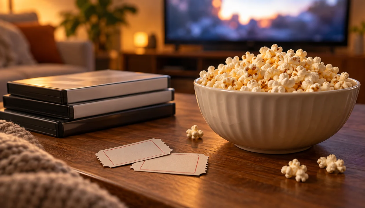 DVD cases, cinema tickets and popcorn on a coffee table in front of a glowing TV