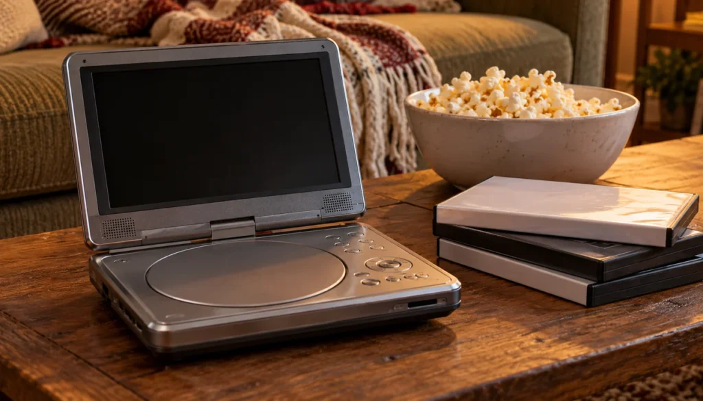 A portable DVD player with a dark screen beside plain disc cases and a bowl of popcorn