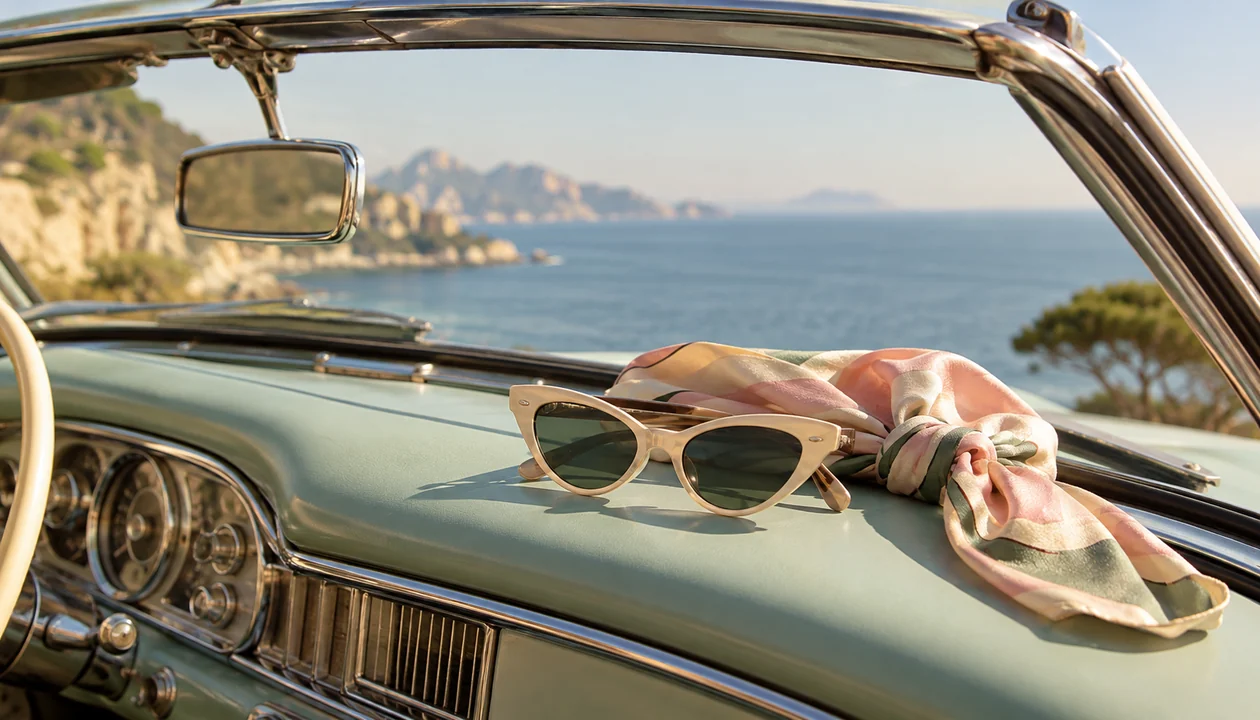 Cat-eye sunglasses and a silk scarf on a vintage convertible dashboard