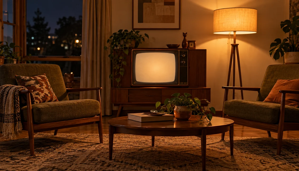 Mid-century living room with a glowing vintage television