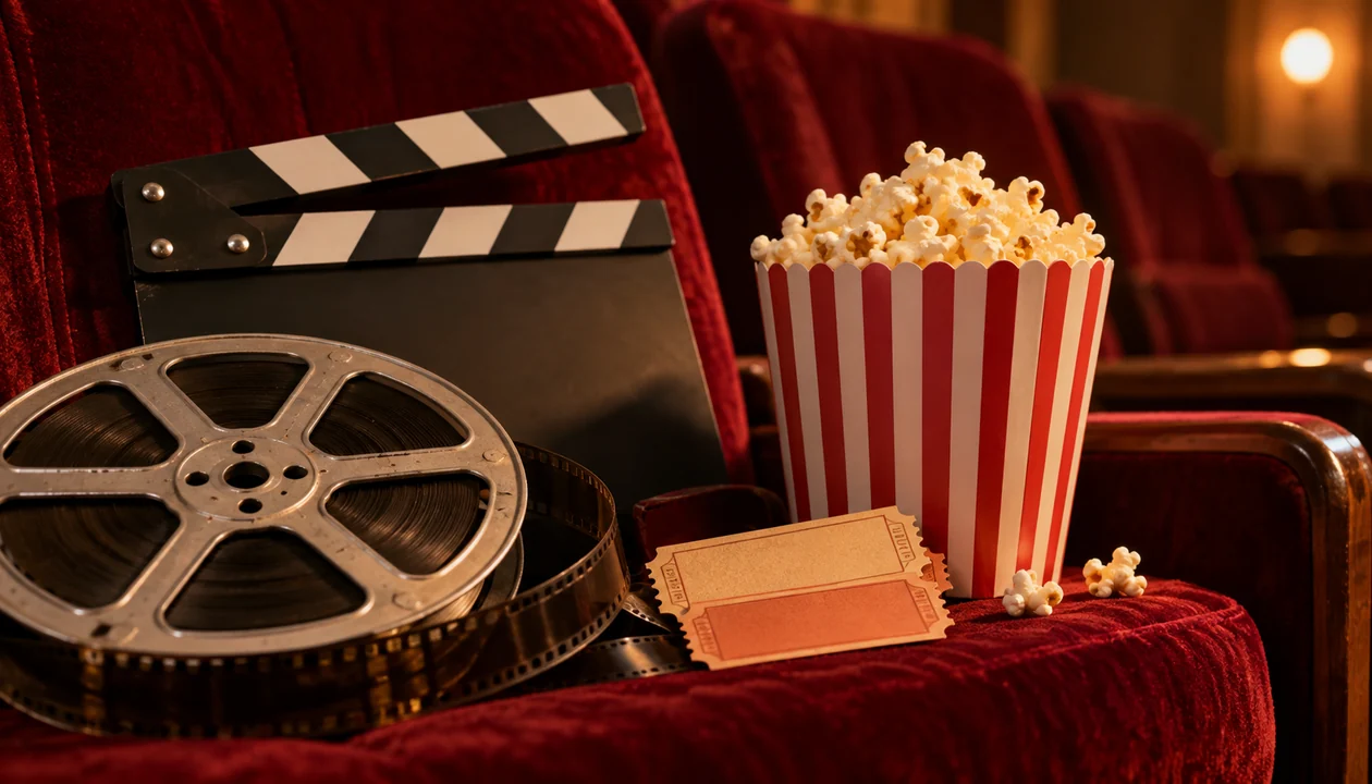 Film reel, clapperboard and tickets on a red velvet seat