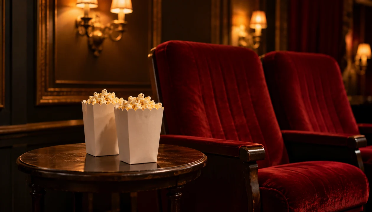 Two popcorn cartons beside red velvet seats in a vintage movie theater