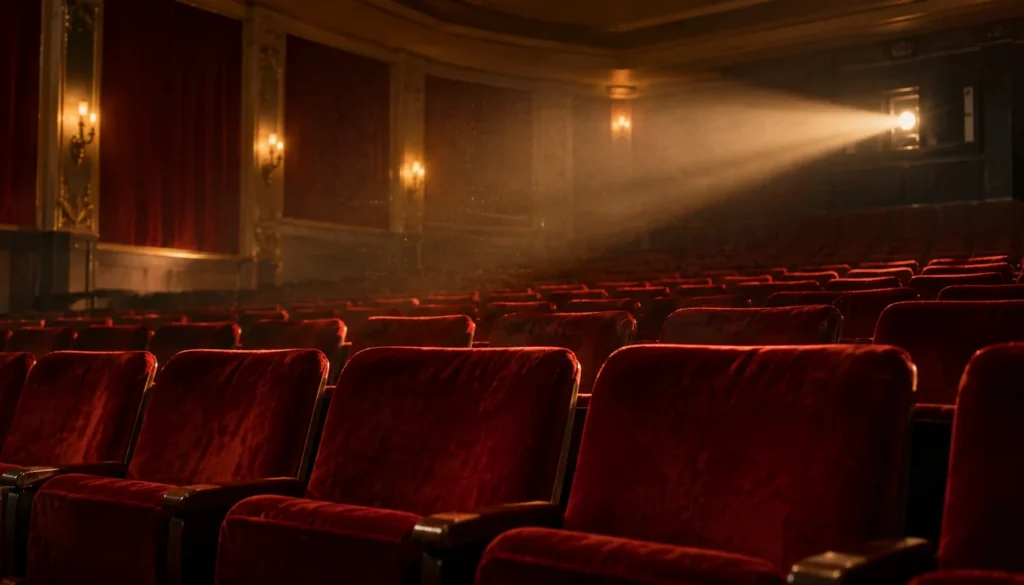 Vintage movie theater with red velvet seats and a projector light beam