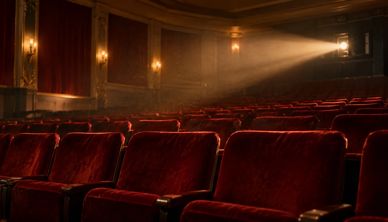 Vintage movie theater with red velvet seats and a projector light beam