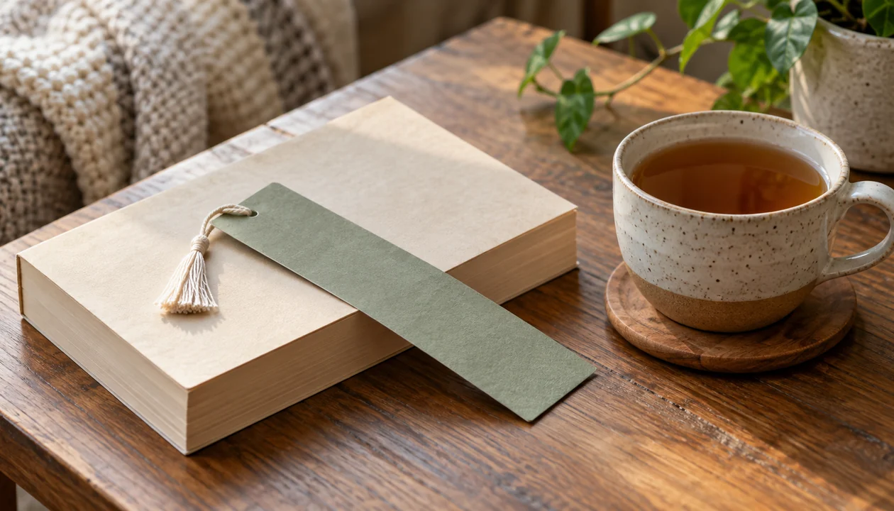 A plain bookmark resting across a closed paperback beside a tea cup