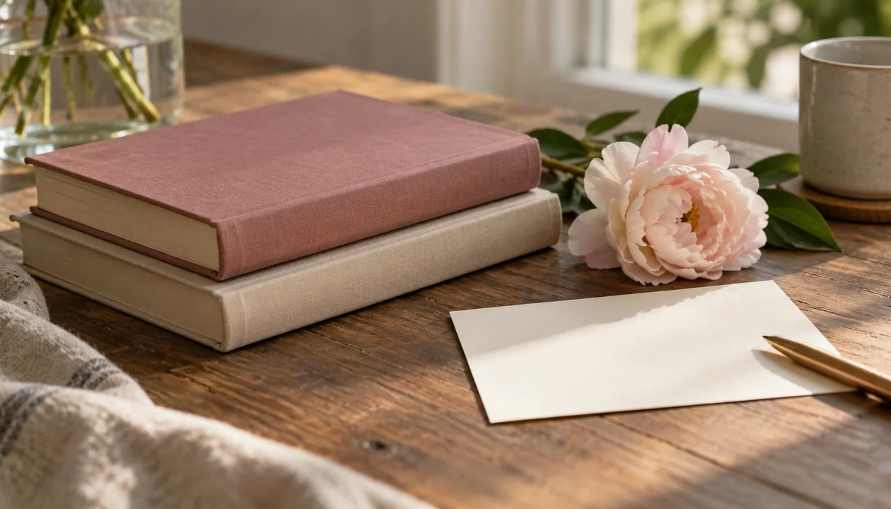 A stack of two unmarked poetry books beside a blank note card and a flower