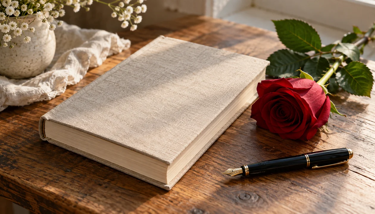 A closed linen-bound poetry book beside a single rose and a fountain pen