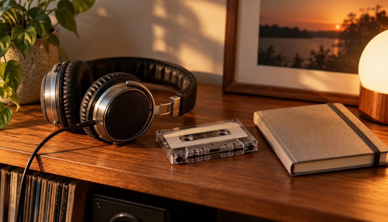 Headphones, a cassette and a notebook on a wooden shelf