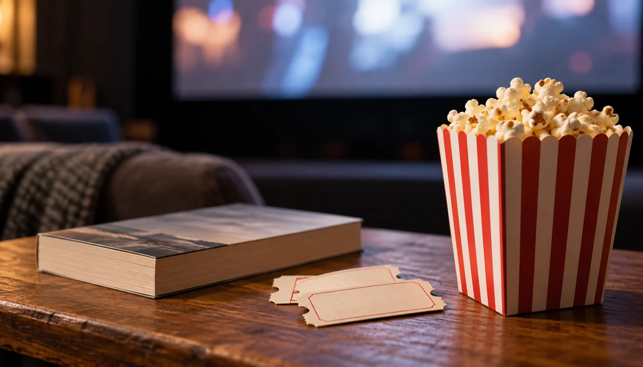 Cinema tickets, popcorn and a paperback ready for a movie night