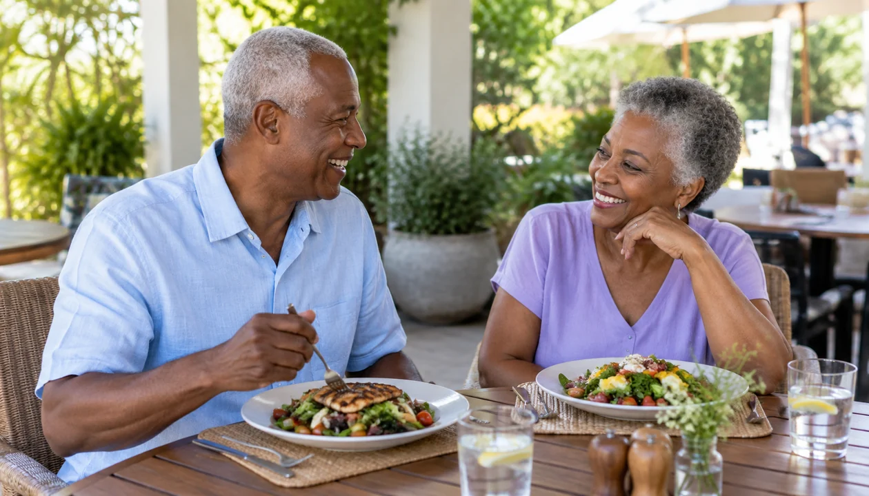 Mature couple sharing a celebratory lunch on a patio