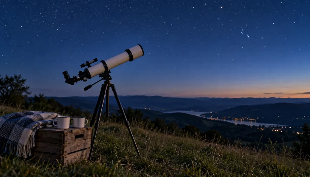 Telescope on a hillside beside a blanket and two mugs under a starry sky