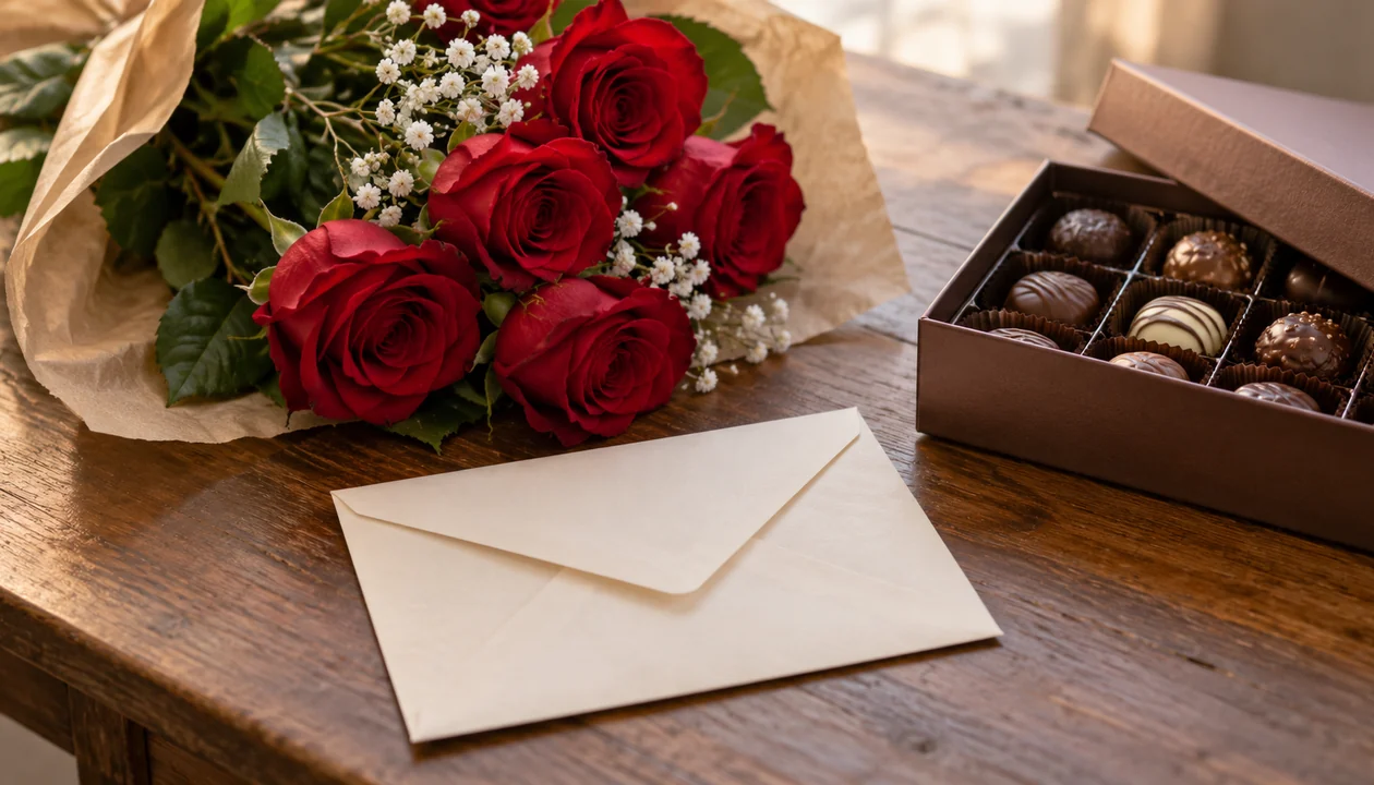 A closed ivory envelope beside fresh roses and a plain chocolate box