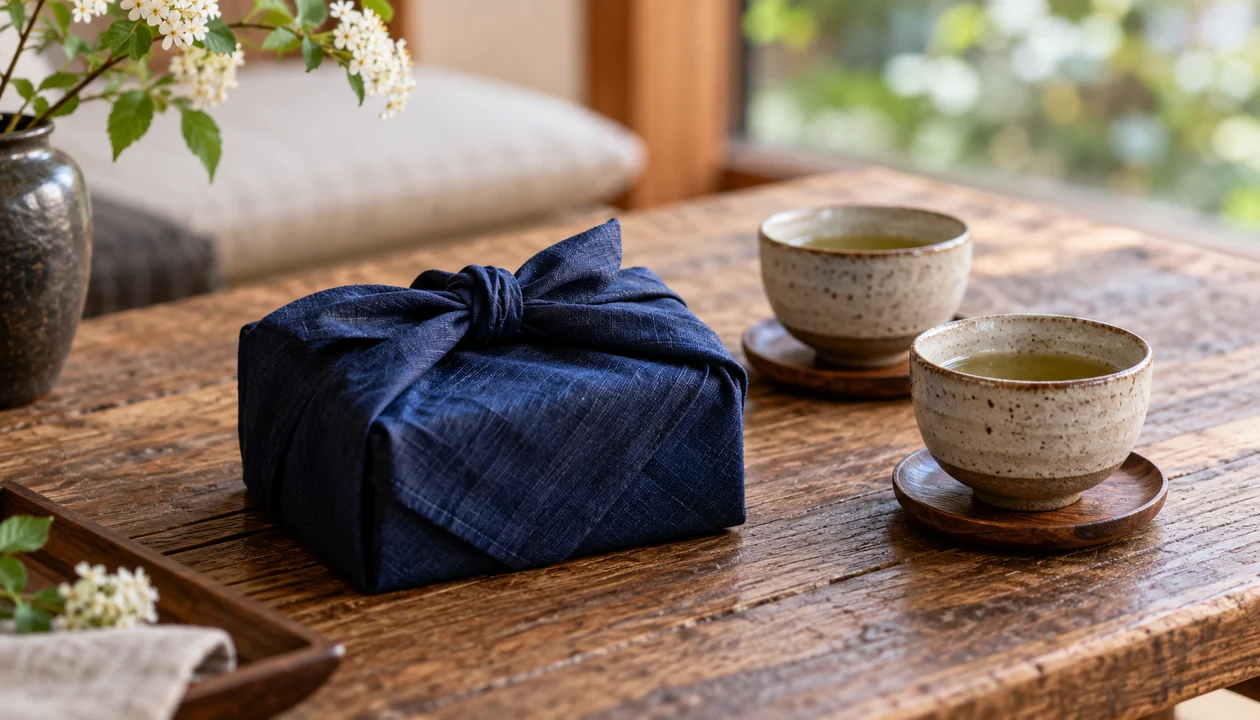 Cloth-wrapped gift beside two tea cups
