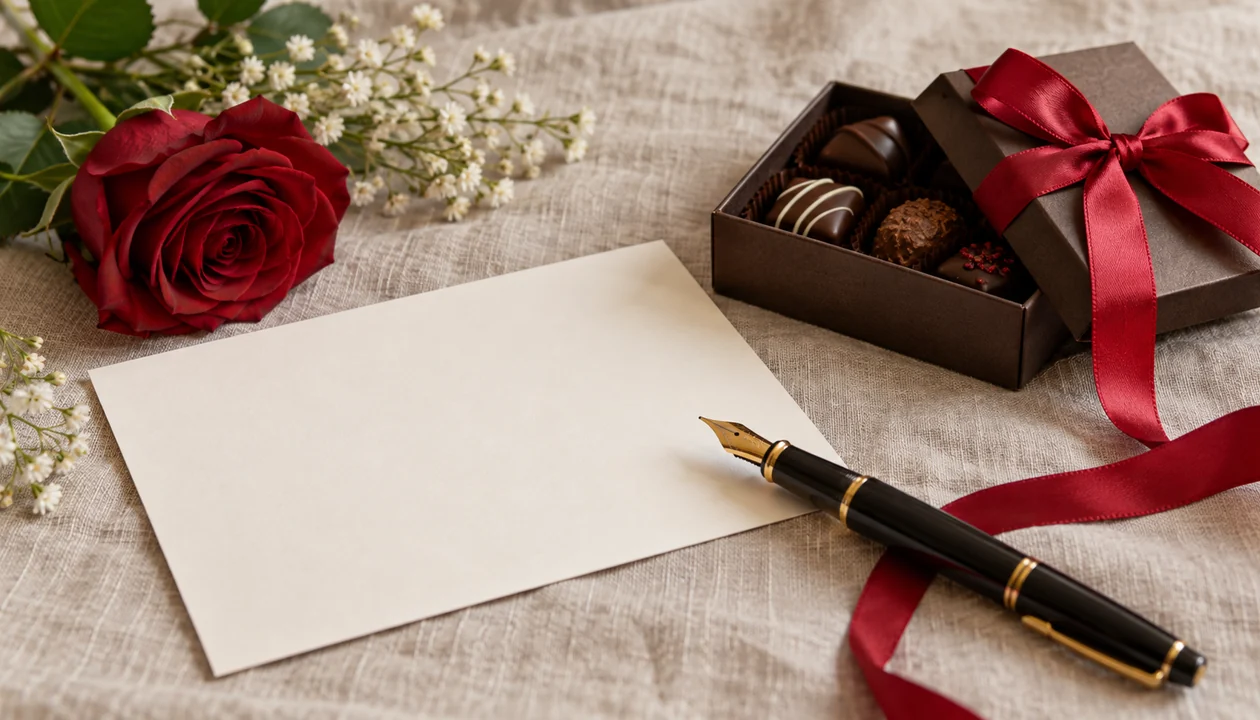 A fountain pen, blank letter and a small ribbon-tied chocolate box on linen