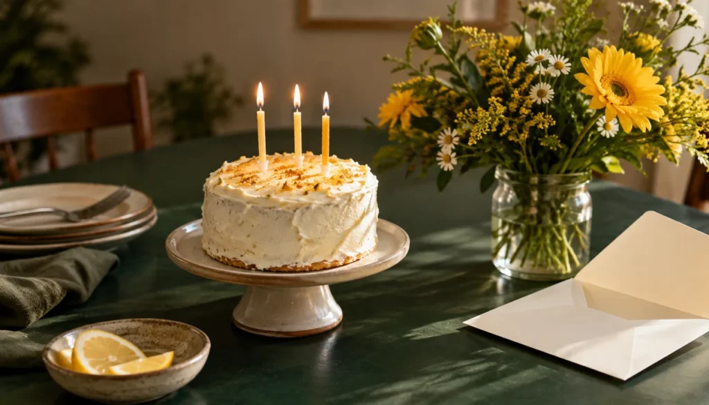 Birthday cake and seasonal flowers on a dining table