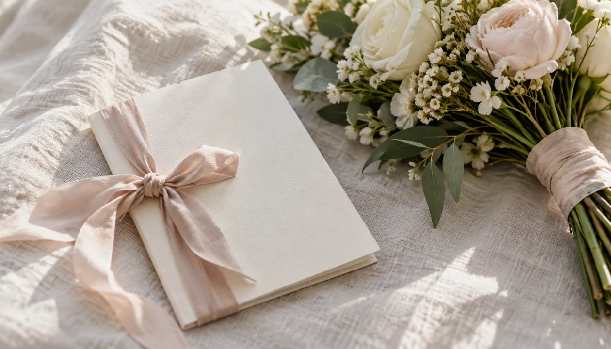 A ribbon-tied blank vow booklet beside a small bridal bouquet on linen
