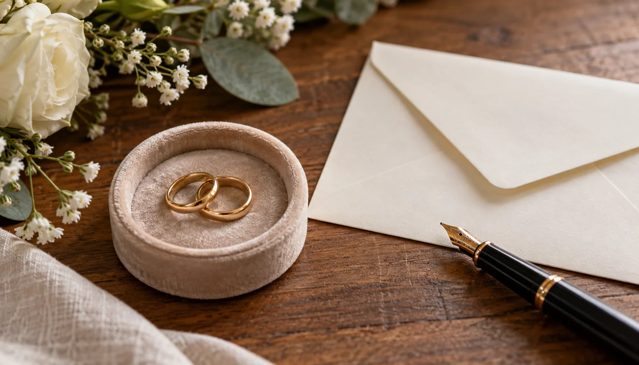 Two gold rings in a small velvet dish beside a fountain pen and a blank envelope