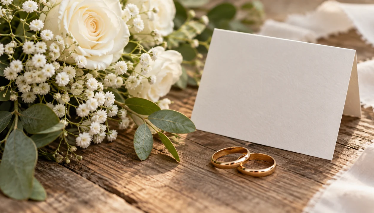 Two simple gold wedding bands beside a blank folded vow card and white flowers