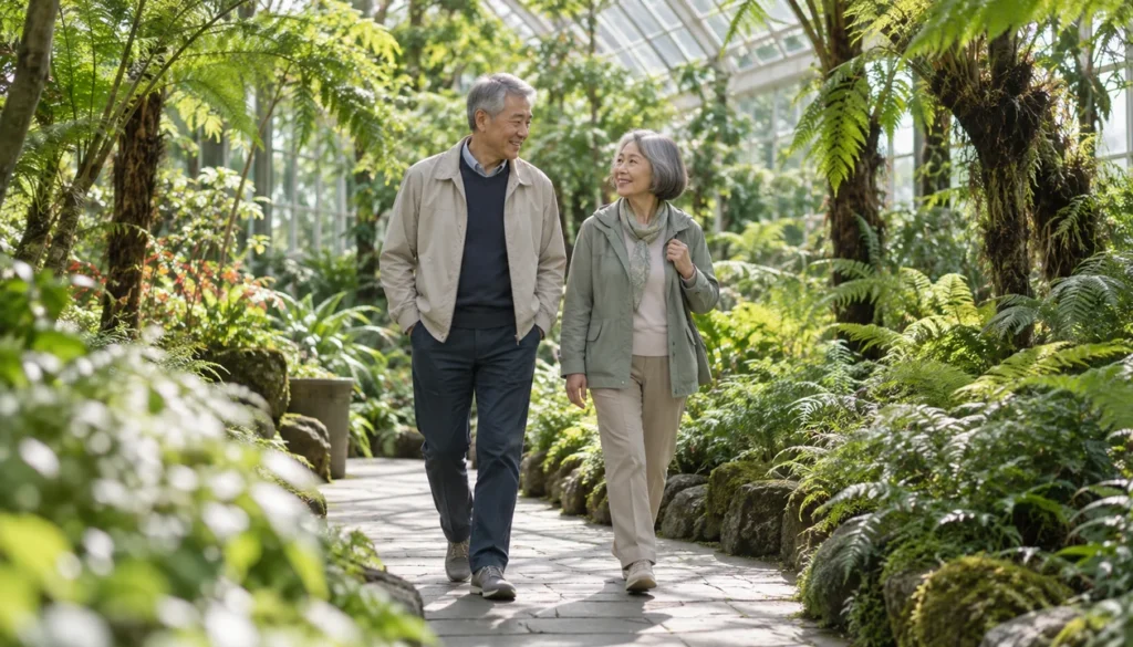 Couple walking together through a botanical glasshouse
