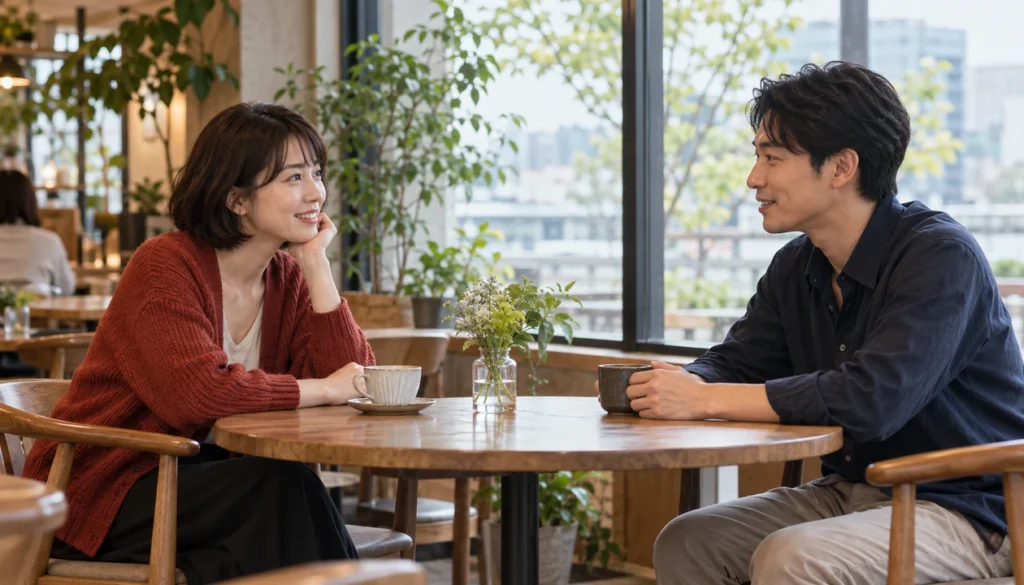 Two adults talking across a small cafe table in afternoon light