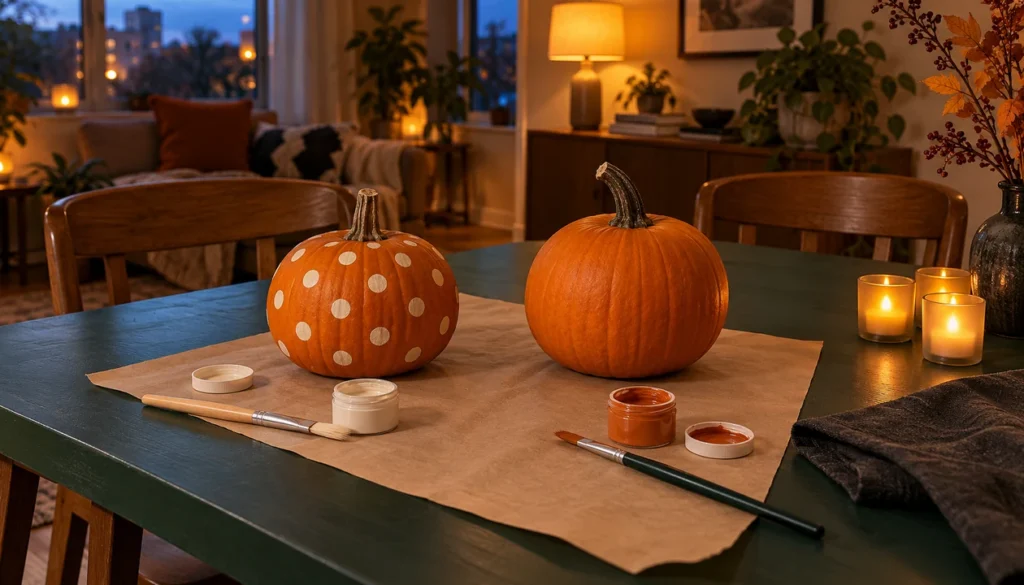 Two pumpkins and separate paintbrushes on a protected table set for a Halloween evening at home