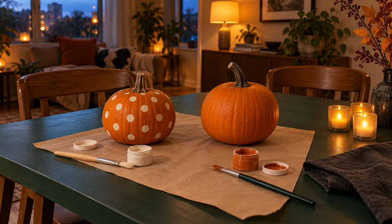 Two pumpkins and separate paintbrushes on a protected table set for a Halloween evening at home