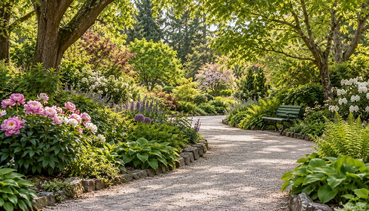 A curving garden path beside flowering borders and a shaded green bench