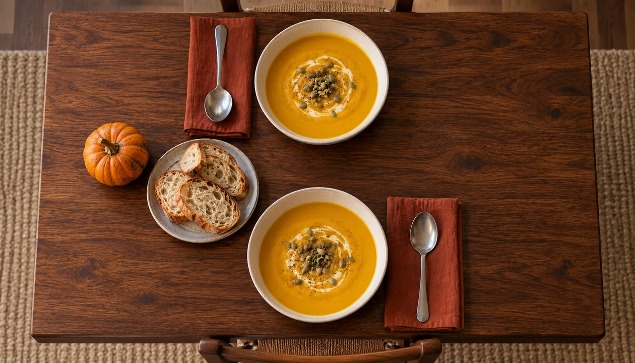 Two opposite Halloween soup place settings, each with one spoon pointing toward its diner.