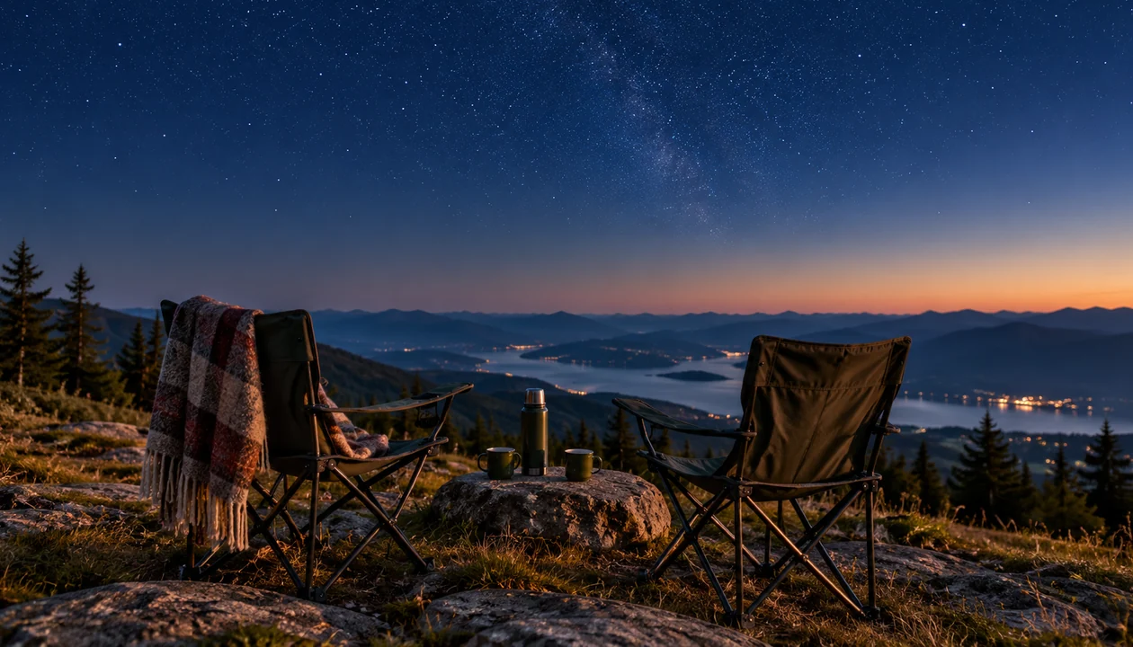 Camp chairs, a blanket and mugs on a hilltop under a starry sky