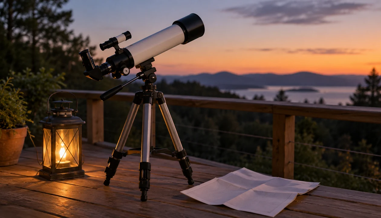 Small telescope on a deck at dusk beside a lantern