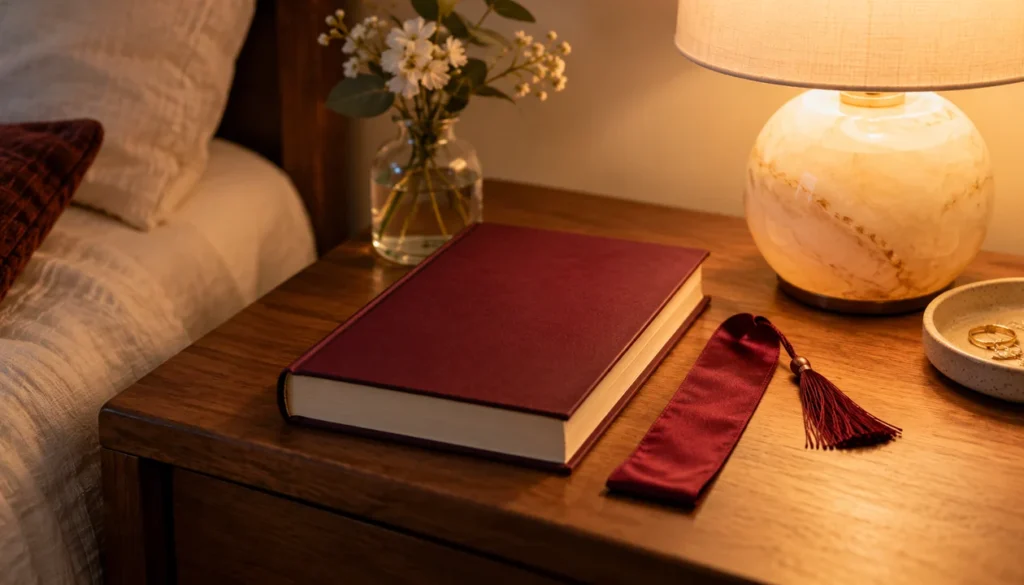 A burgundy hardcover beside a silk bookmark and a softly glowing bedside lamp
