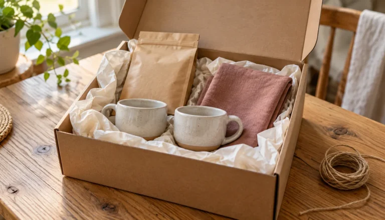 Open date night subscription box with two ceramic cups and a linen napkin