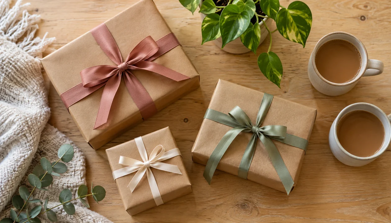 Flat lay of gift boxes, mugs and a small plant