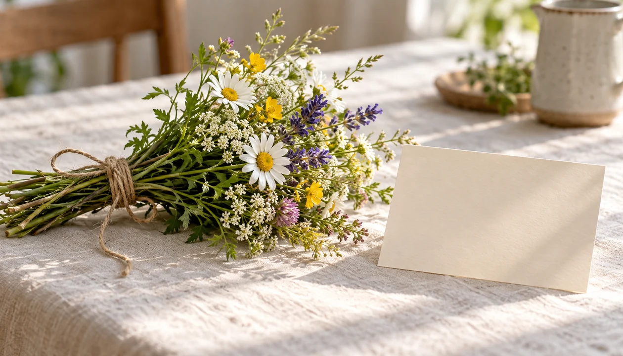 Wildflowers tied with twine beside a blank cream card