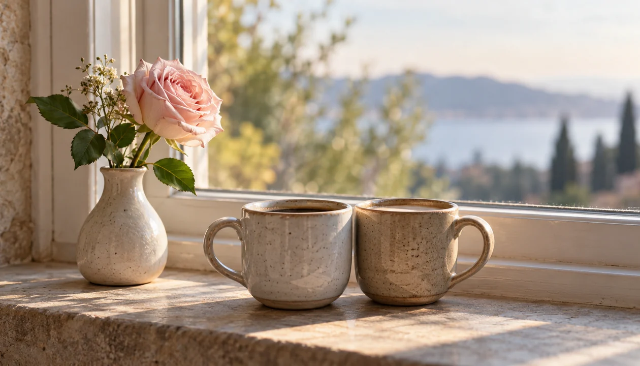 Two ceramic cups and a blush rose on a quiet windowsill