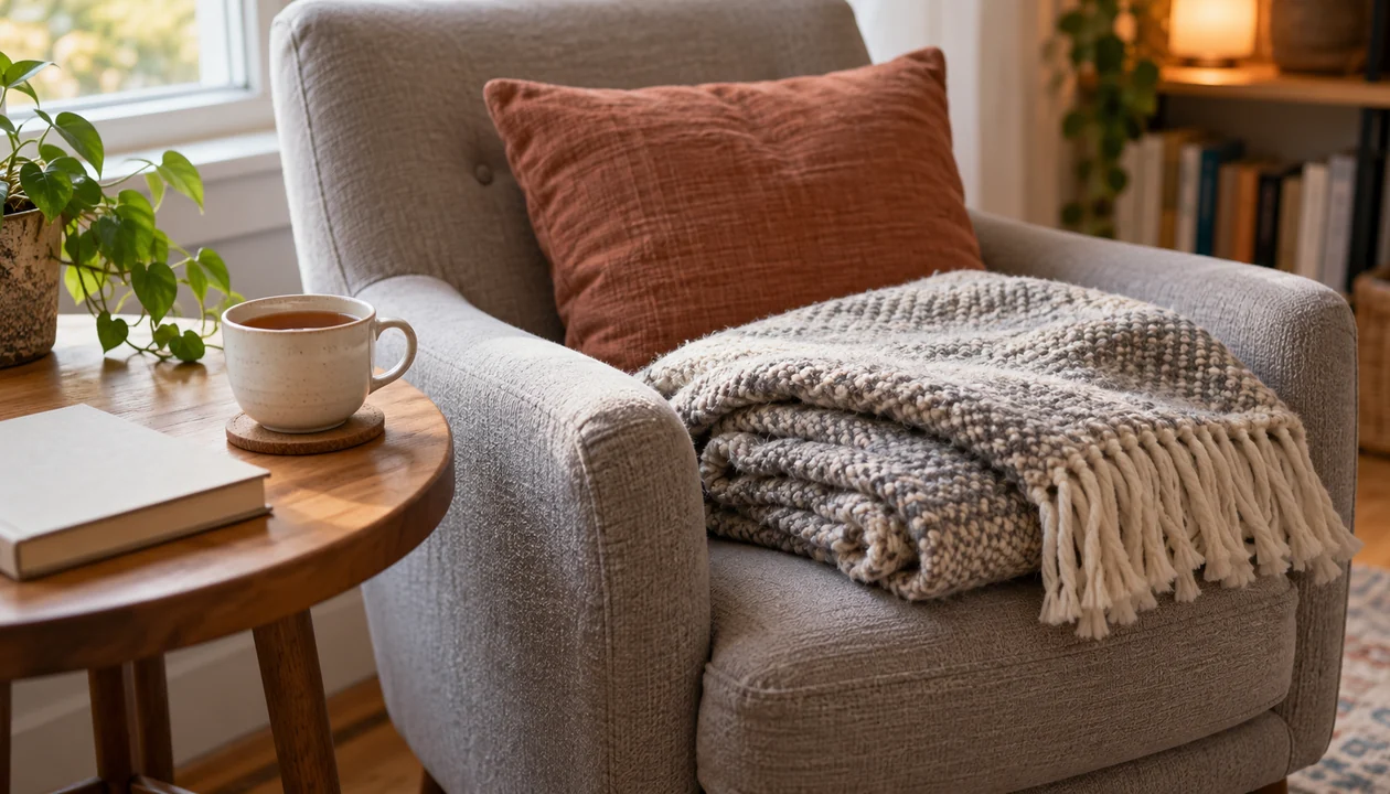A folded blanket and a cup of tea waiting on a reading chair
