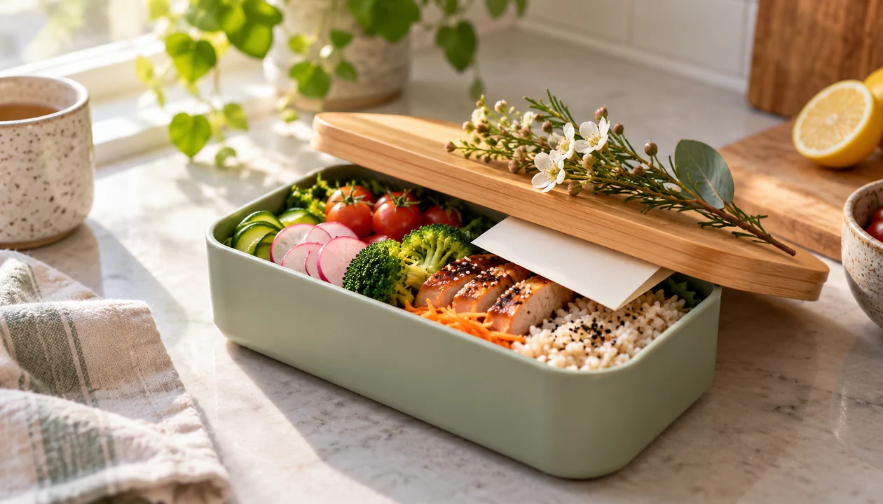 Packed lunch box with a folded note and a flower sprig on a kitchen counter
